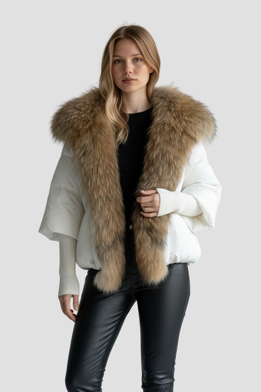 Doudoune mi longue à fourrure femme blanc Héritage fourrure