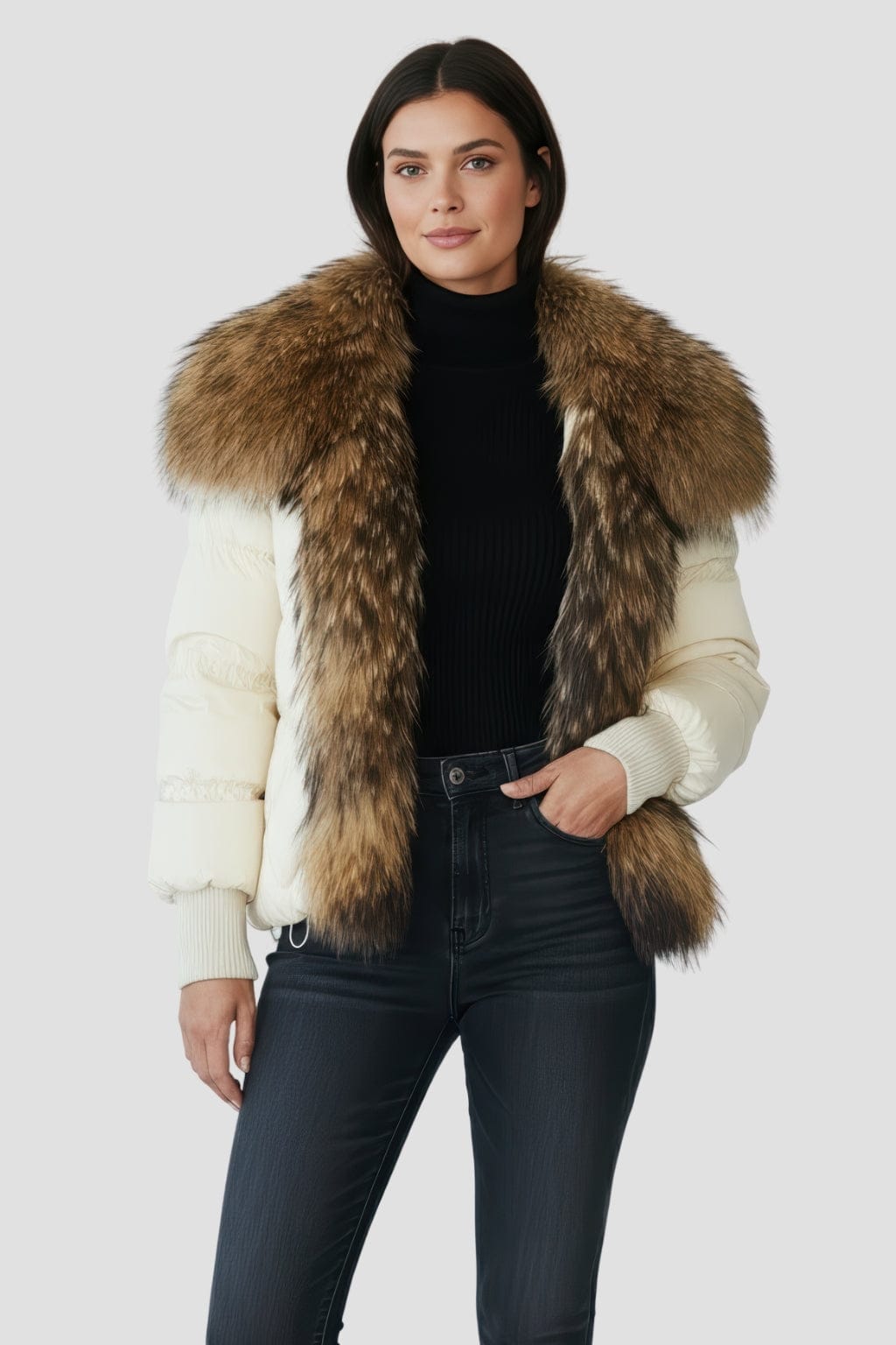 Doudoune mi longue à fourrure femme blanc Héritage fourrure