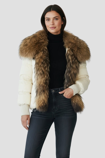 Doudoune mi longue à fourrure femme blanc Héritage fourrure