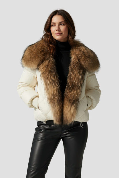 Doudoune mi longue à fourrure femme blanc Héritage fourrure