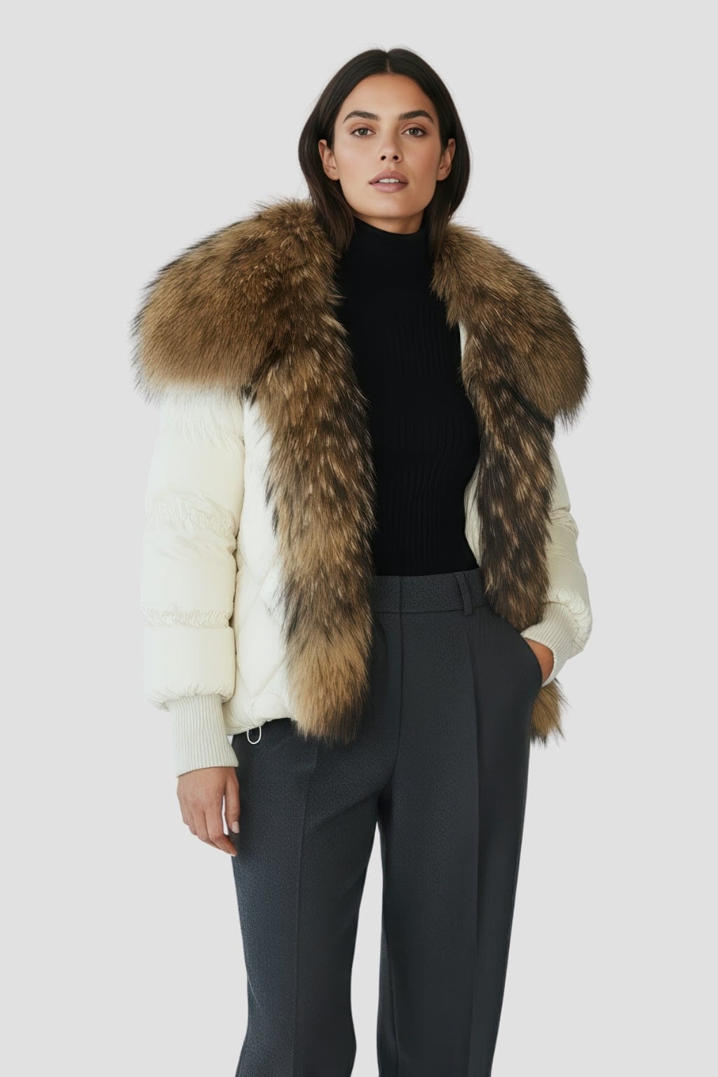 Doudoune mi longue à fourrure femme blanc Héritage fourrure