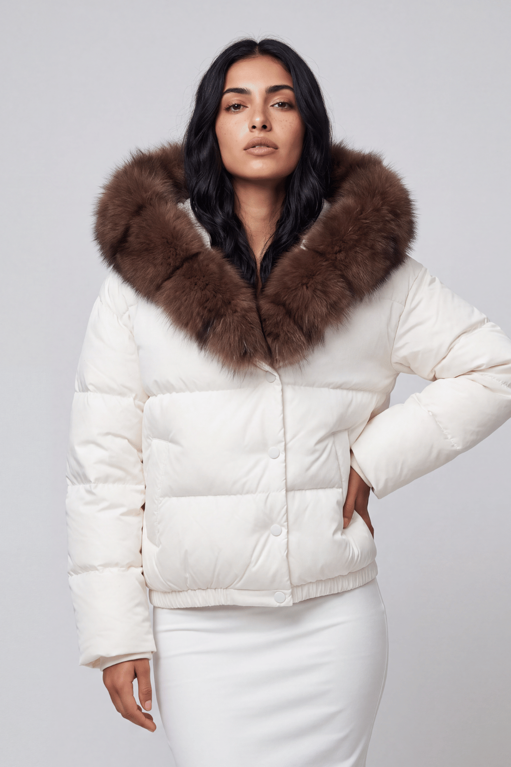 Doudoune mi longue à fourrure femme blanc Héritage fourrure