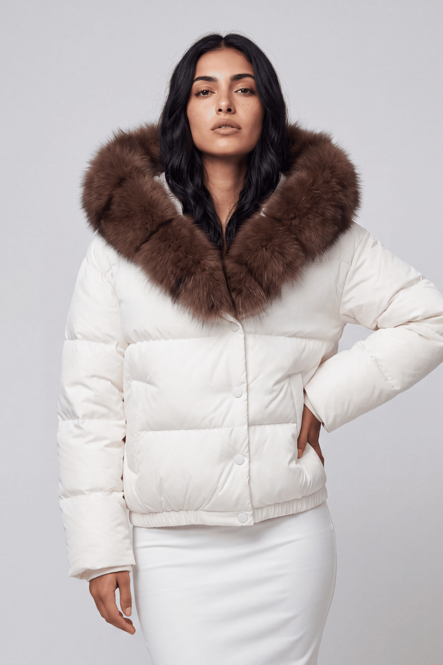 Doudoune mi longue à fourrure femme blanc Héritage fourrure