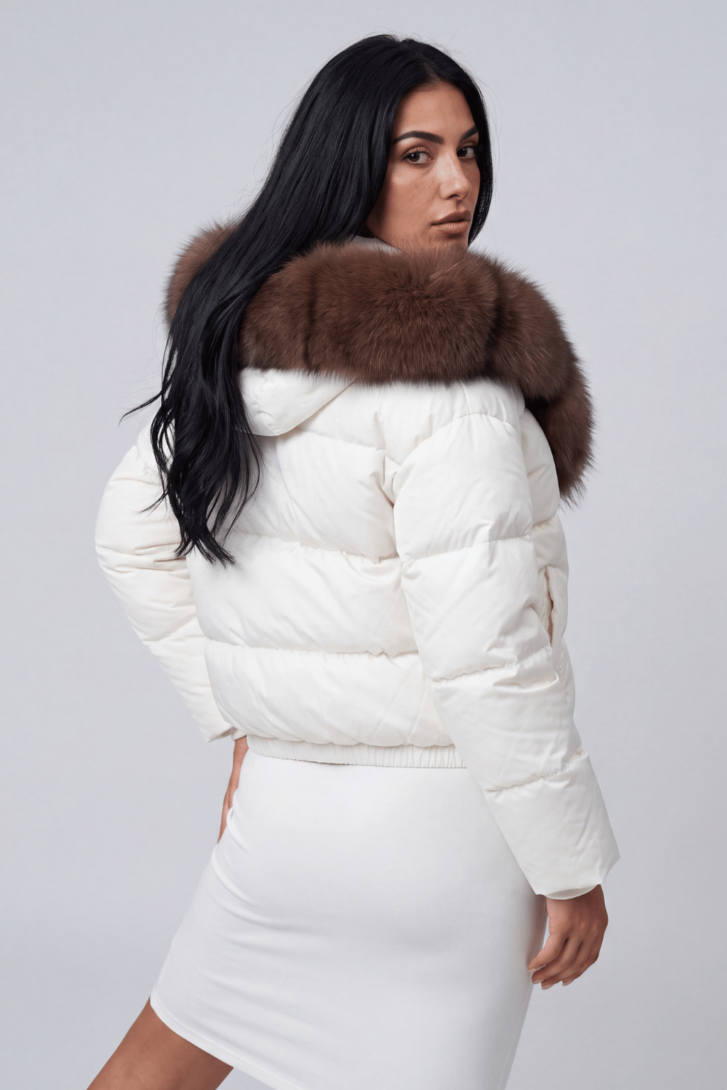 Doudoune mi longue à fourrure femme blanc Héritage fourrure