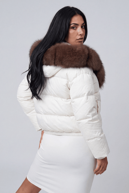 Doudoune mi longue à fourrure femme blanc Héritage fourrure