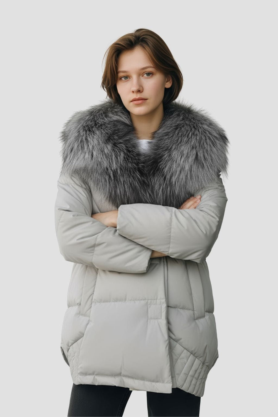 Doudoune mi longue à fourrure femme gris Héritage fourrure