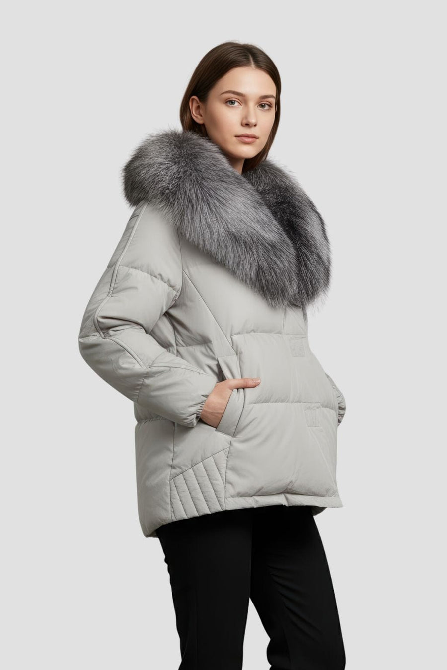 Doudoune mi longue à fourrure femme gris Héritage fourrure