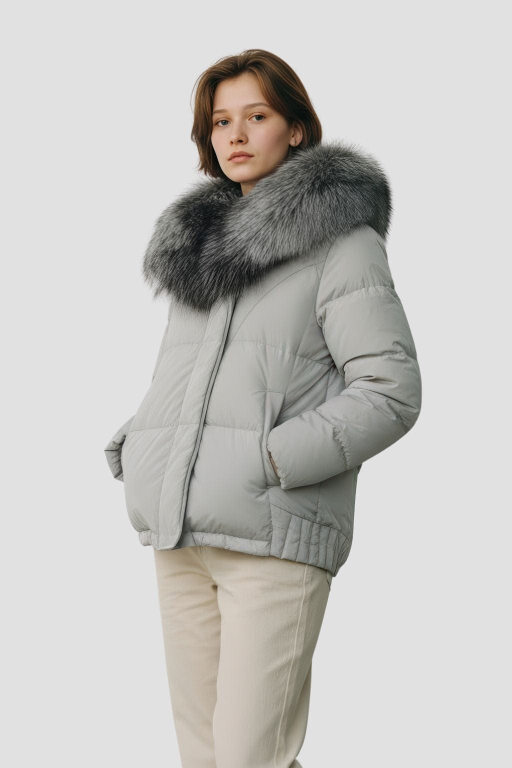 Doudoune mi longue à fourrure femme gris Héritage fourrure