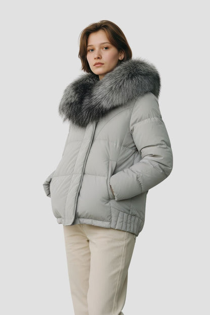 Doudoune mi longue à fourrure femme gris Héritage fourrure