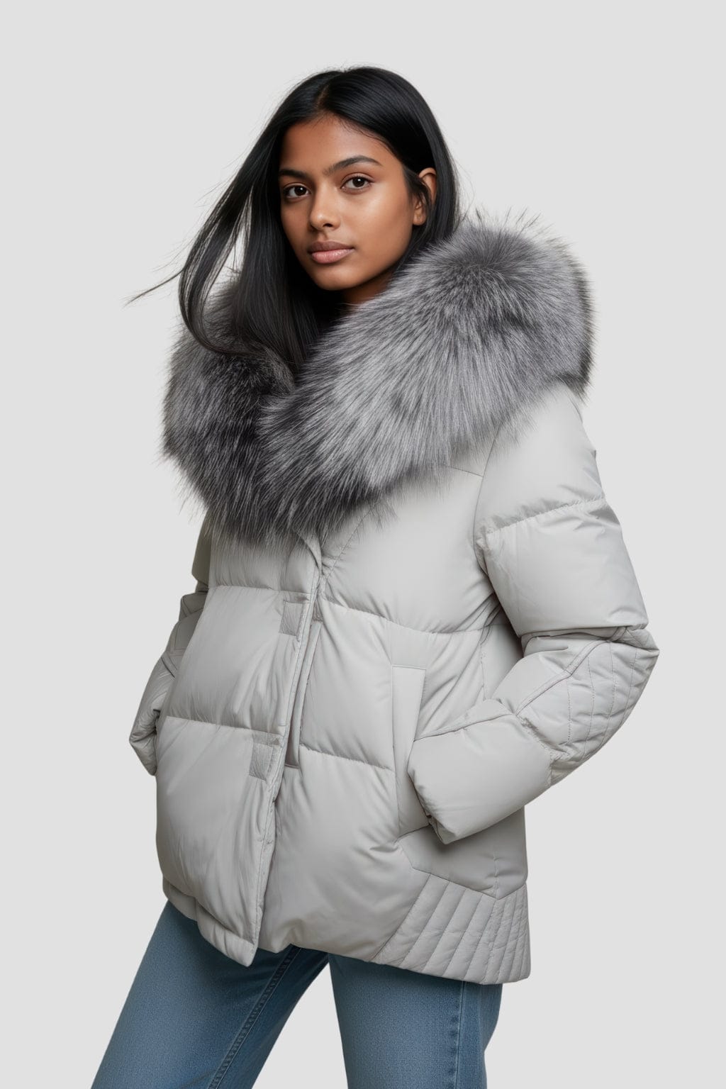 Doudoune mi longue à fourrure femme gris Héritage fourrure