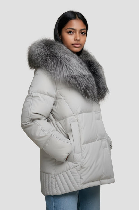 Doudoune mi longue à fourrure femme gris Héritage fourrure