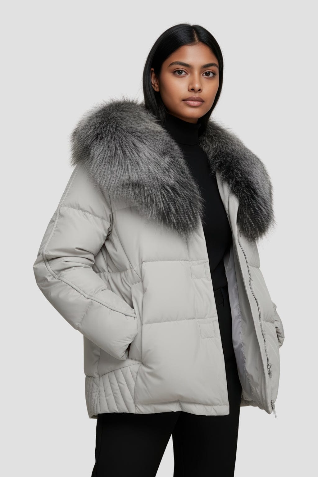 Doudoune mi longue à fourrure femme gris Héritage fourrure