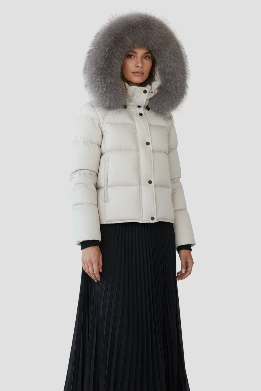 Doudoune mi longue à fourrure femme gris Héritage fourrure