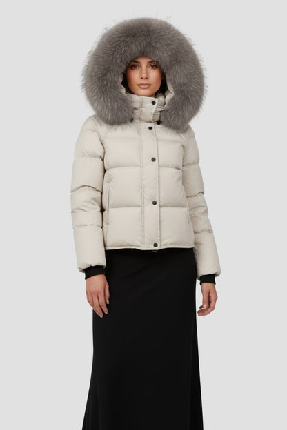 Doudoune mi longue à fourrure femme gris Héritage fourrure