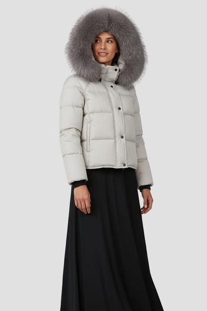 Doudoune mi longue à fourrure femme gris Héritage fourrure