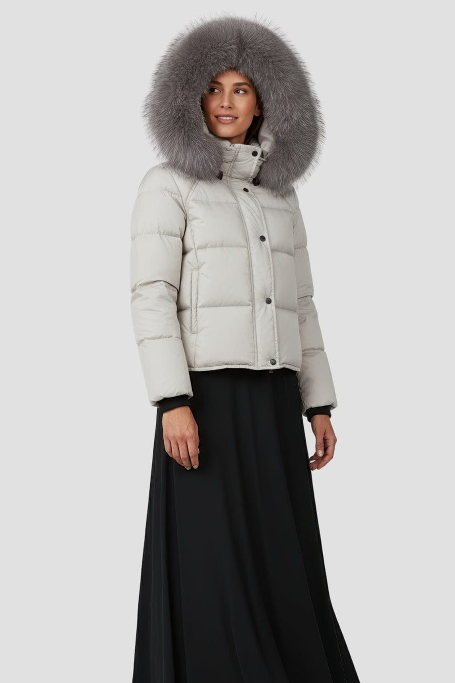 Doudoune mi longue à fourrure femme gris Héritage fourrure