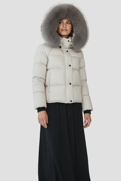Doudoune mi longue à fourrure femme gris Héritage fourrure