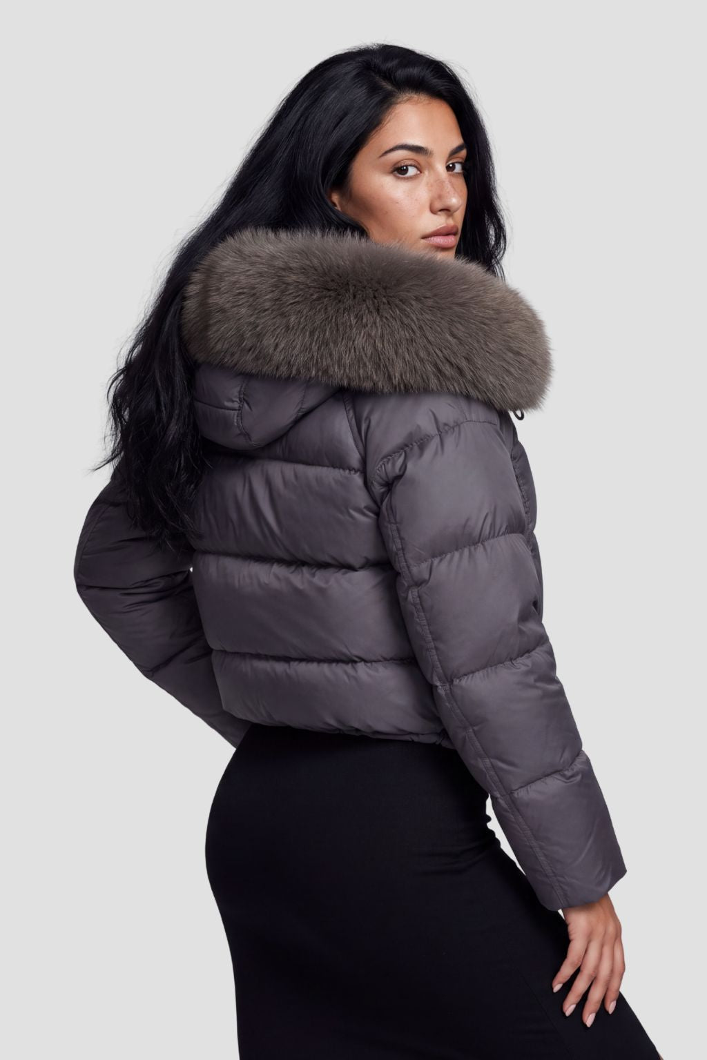 Doudoune mi longue à fourrure femme gris Héritage fourrure