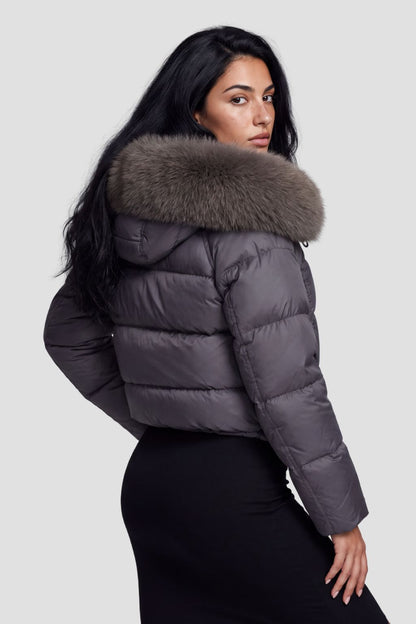 Doudoune mi longue à fourrure femme gris Héritage fourrure
