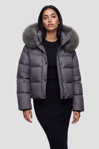 Doudoune mi longue à fourrure femme gris Héritage fourrure