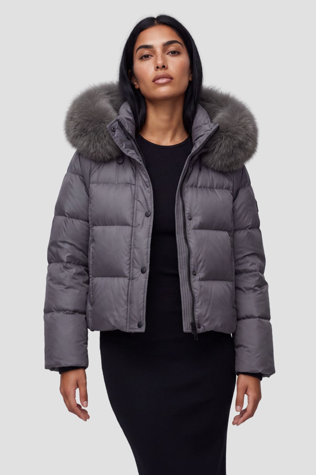 Doudoune mi longue à fourrure femme gris Héritage fourrure