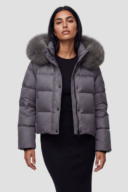 Doudoune mi longue à fourrure femme gris Héritage fourrure