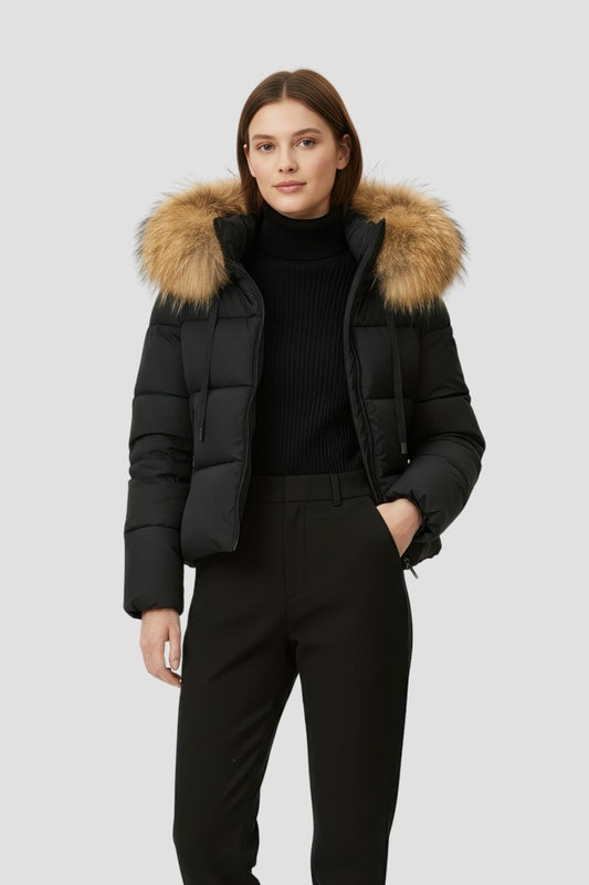 Doudoune mi longue à fourrure femme noir Héritage fourrure