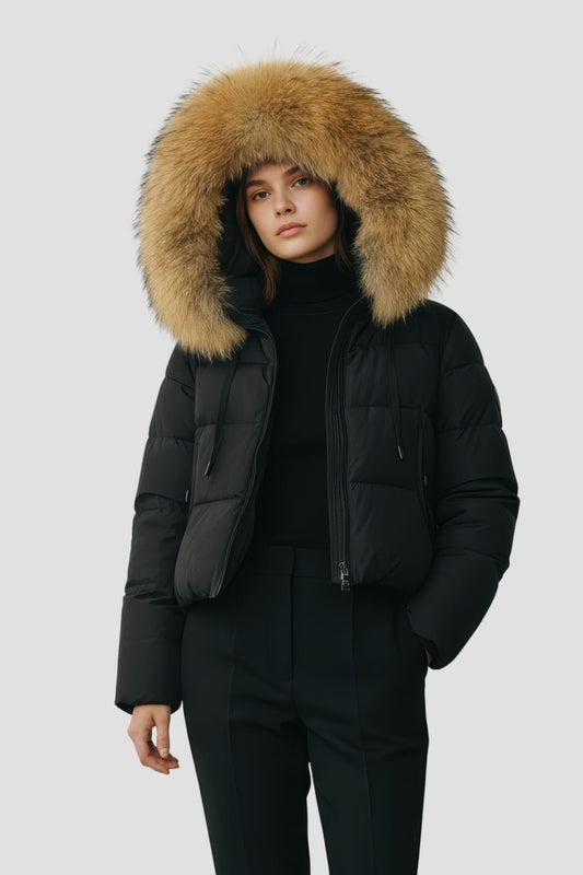 Doudoune mi longue à fourrure femme noir Héritage fourrure