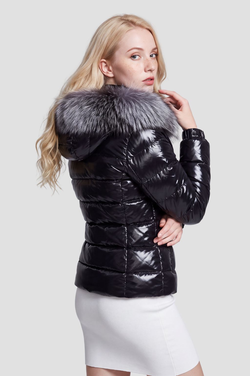 Doudoune mi longue à fourrure femme noir Héritage fourrure