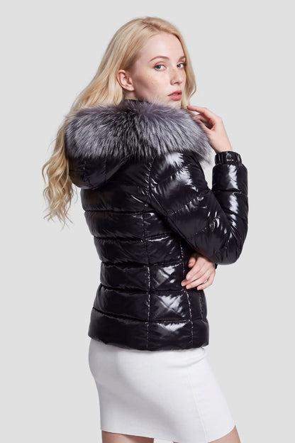 Doudoune mi longue à fourrure femme noir Héritage fourrure