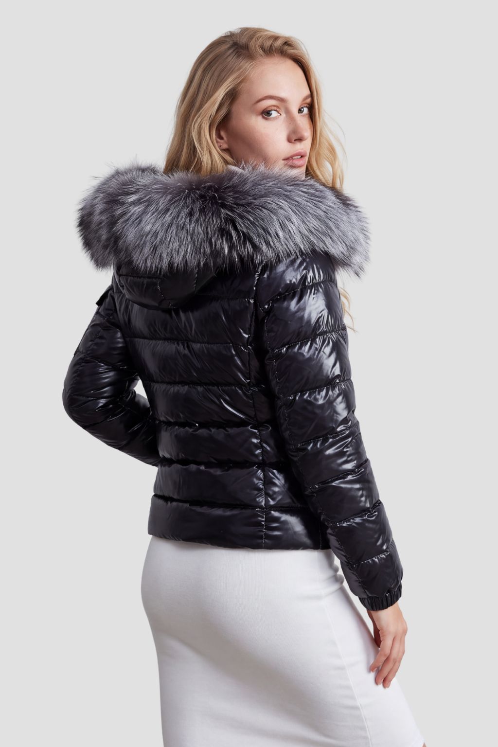 Doudoune mi longue à fourrure femme noir Héritage fourrure