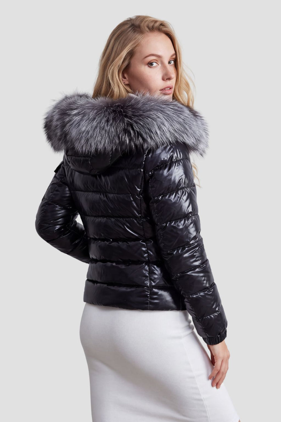Doudoune mi longue à fourrure femme noir Héritage fourrure