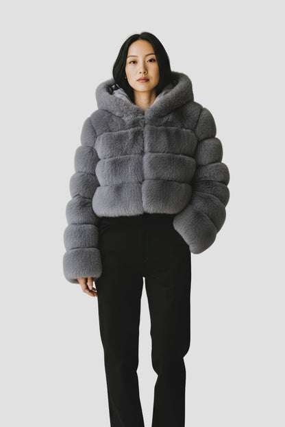 Manteau en fourrure femme gris capuche Héritage fourrure