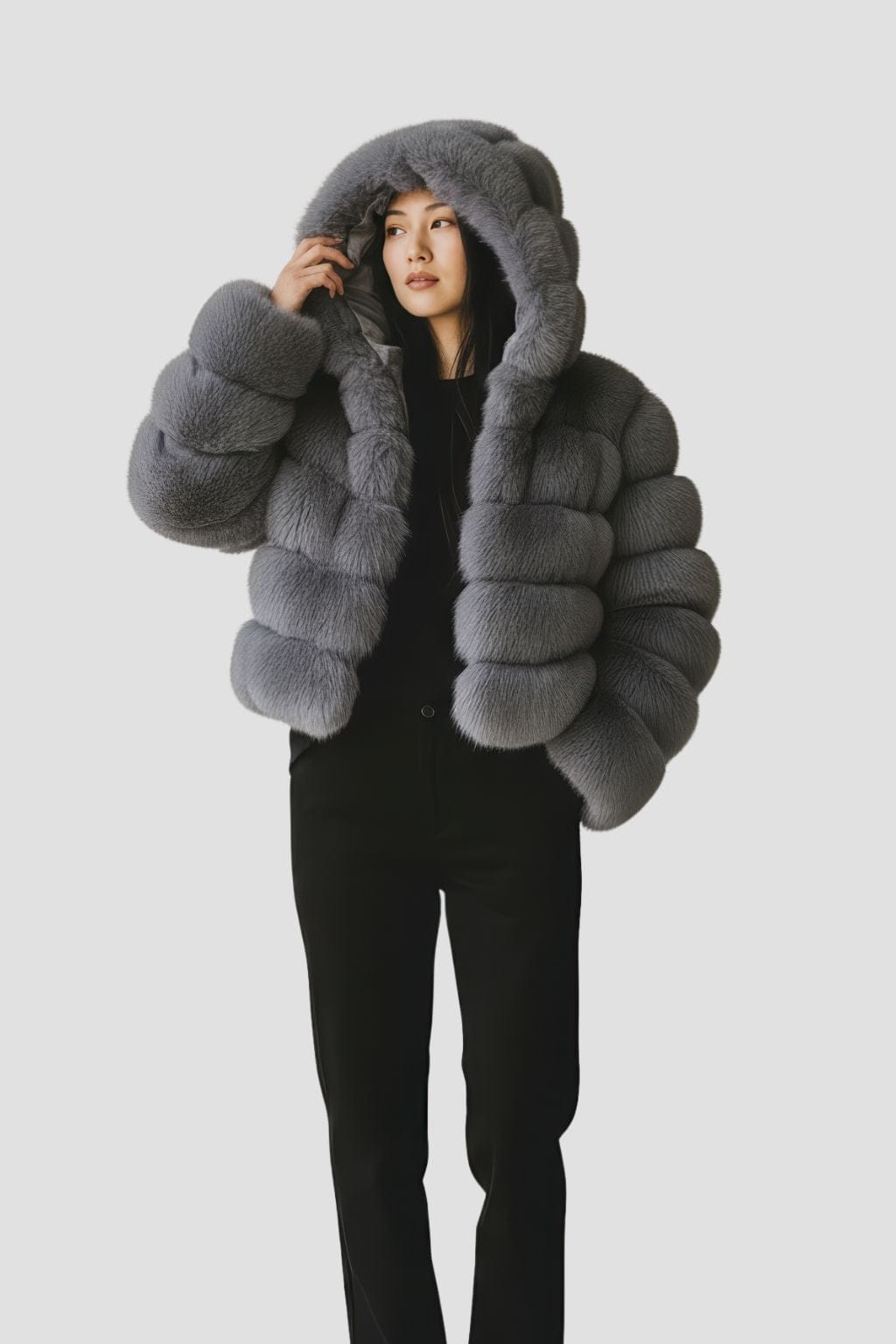 Manteau en fourrure femme gris capuche Héritage fourrure