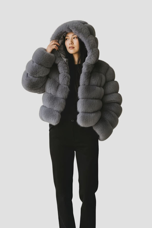 Manteau en fourrure femme gris capuche Héritage fourrure