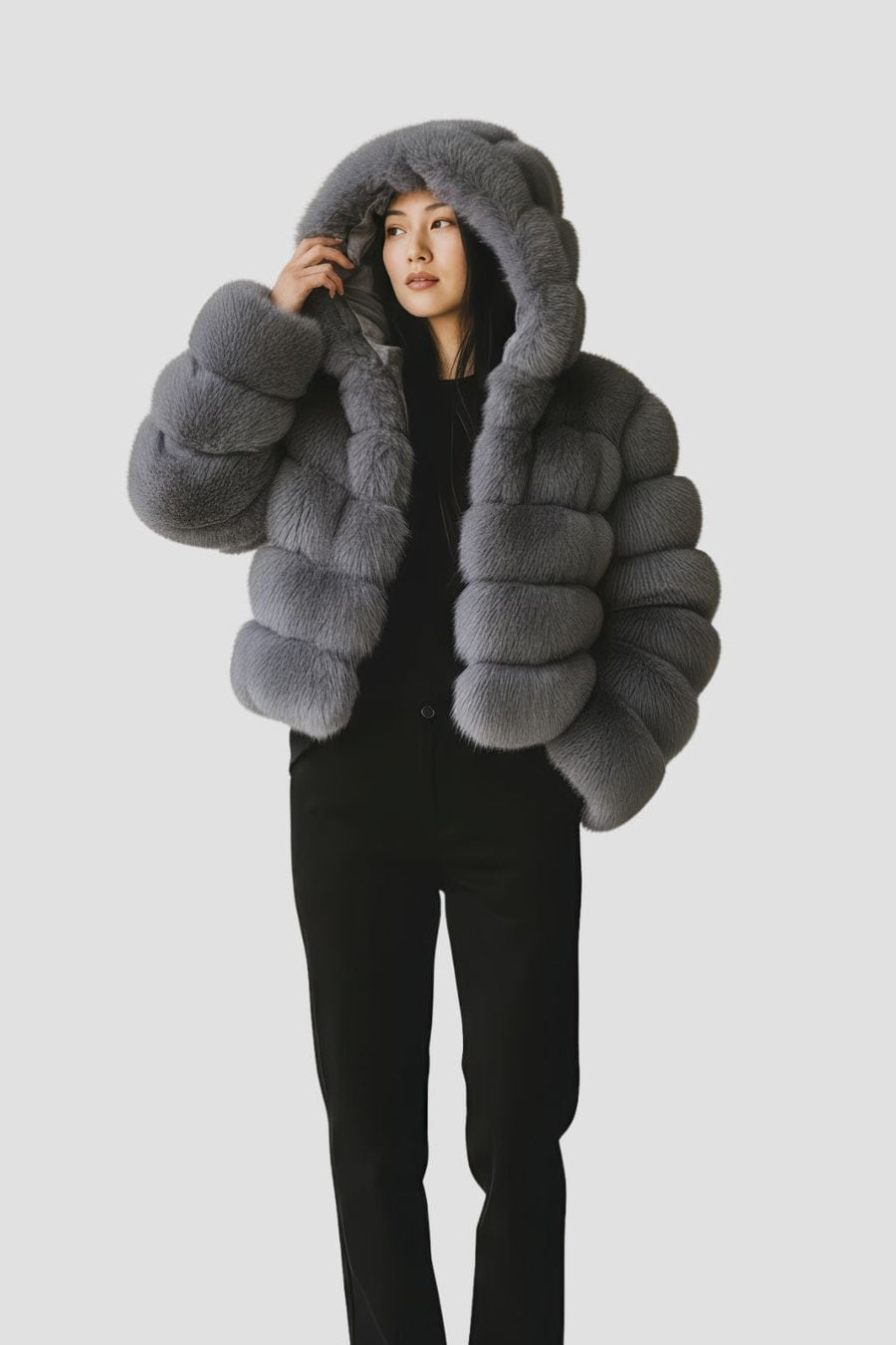 Manteau en fourrure femme gris capuche Héritage fourrure