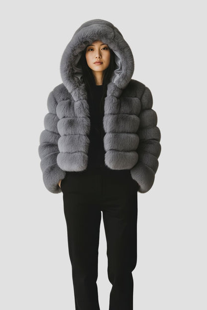 Manteau en fourrure femme gris capuche Héritage fourrure