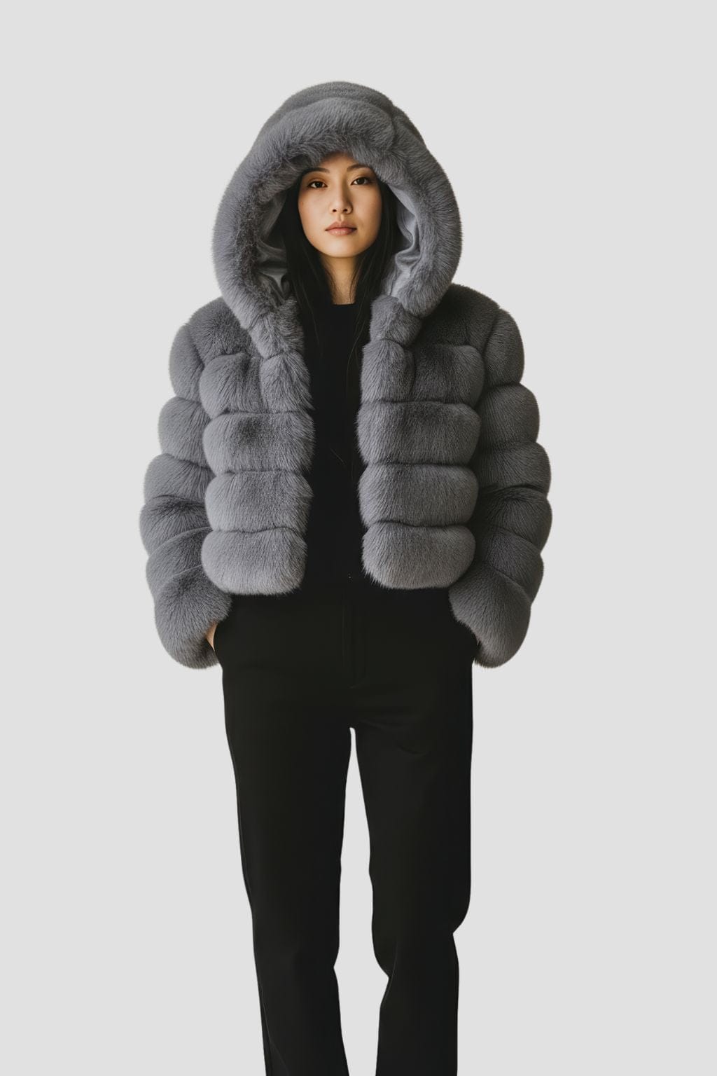 Manteau en fourrure femme gris capuche Héritage fourrure