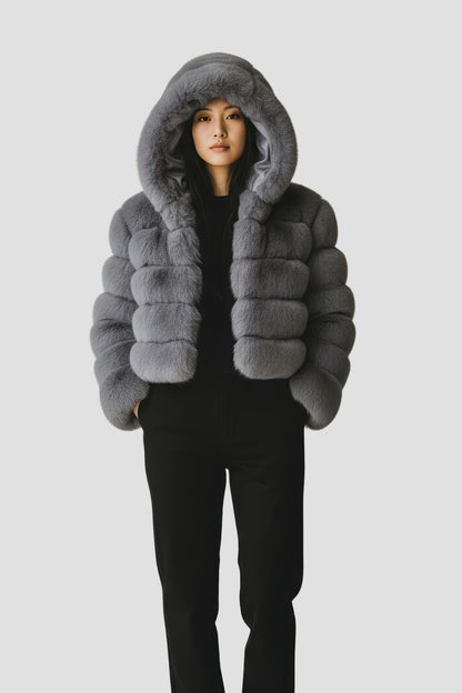 Manteau en fourrure femme gris capuche Héritage fourrure