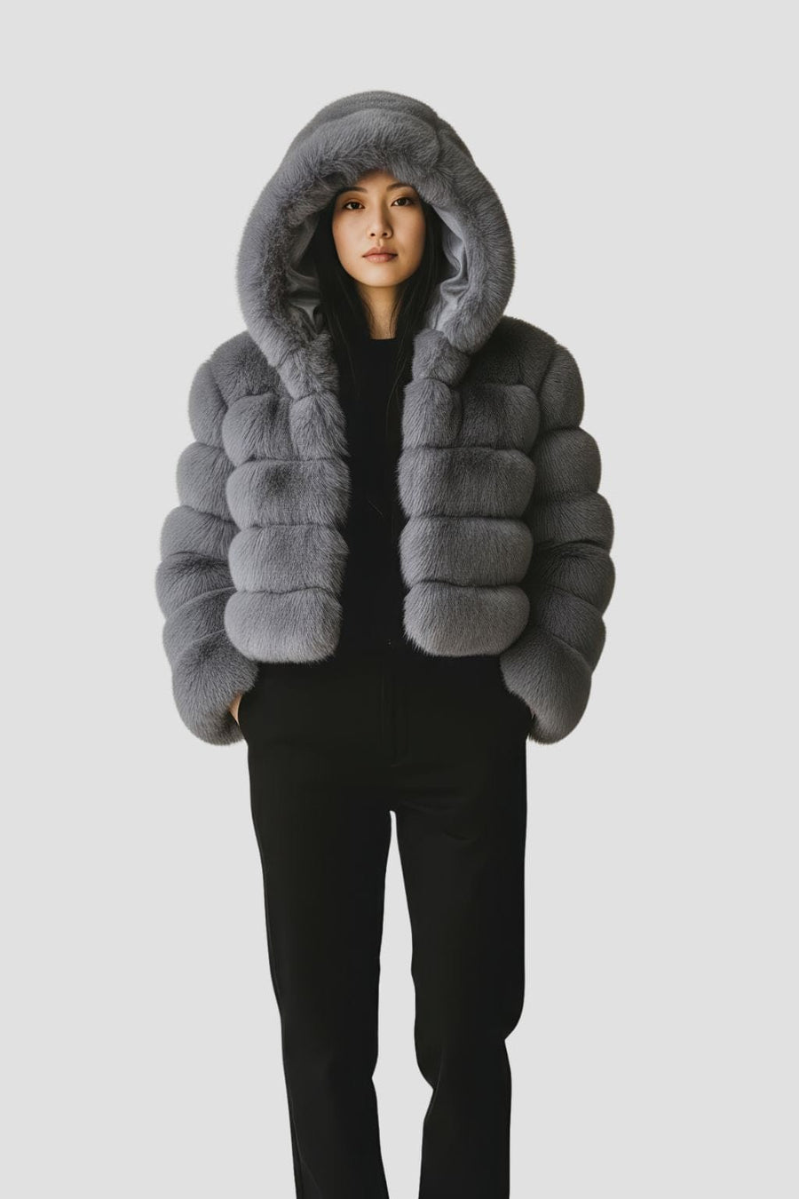 Manteau en fourrure femme gris capuche Héritage fourrure