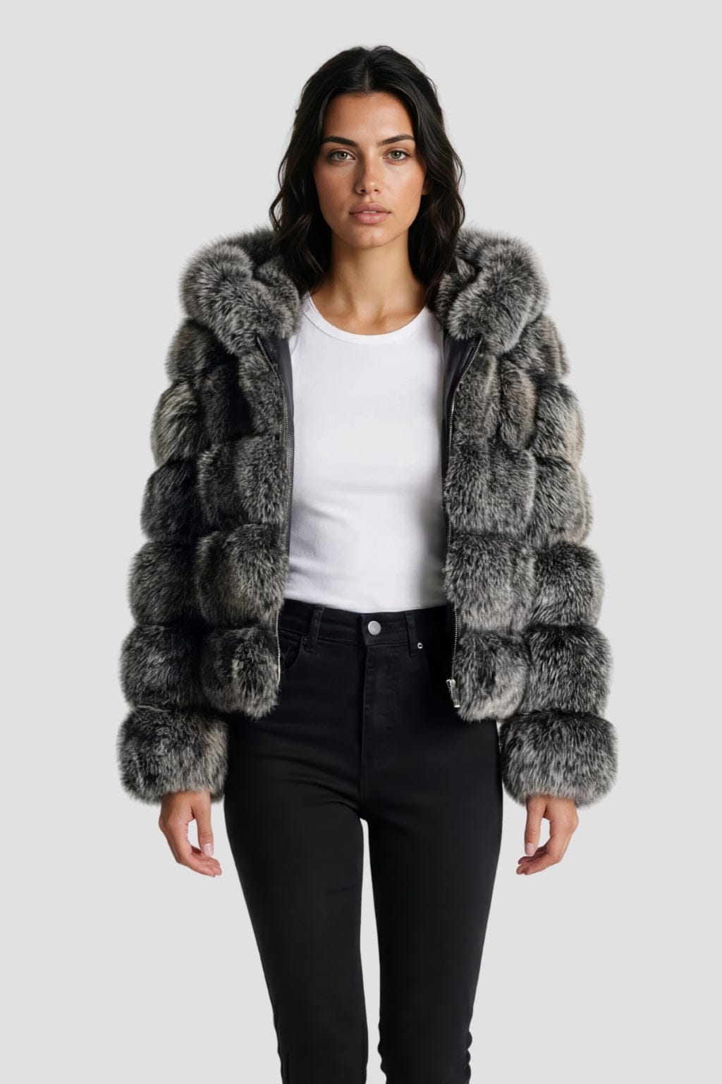Manteau en fourrure femme gris capuche Héritage fourrure