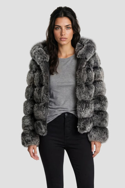Manteau en fourrure femme gris capuche Héritage fourrure