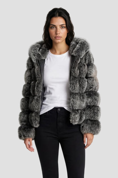 Manteau en fourrure femme gris capuche Héritage fourrure