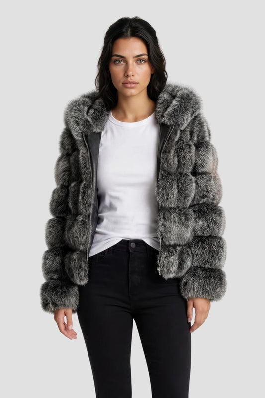 Manteau en fourrure femme gris capuche Héritage fourrure