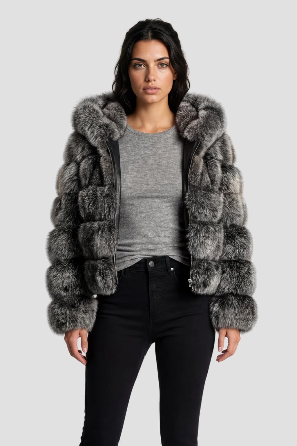 Manteau en fourrure femme gris capuche Héritage fourrure