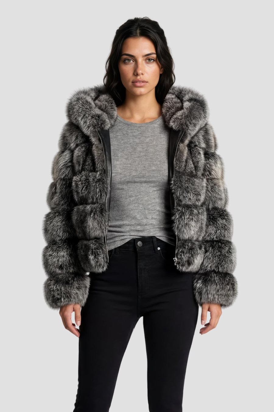 Manteau en fourrure femme gris capuche Héritage fourrure