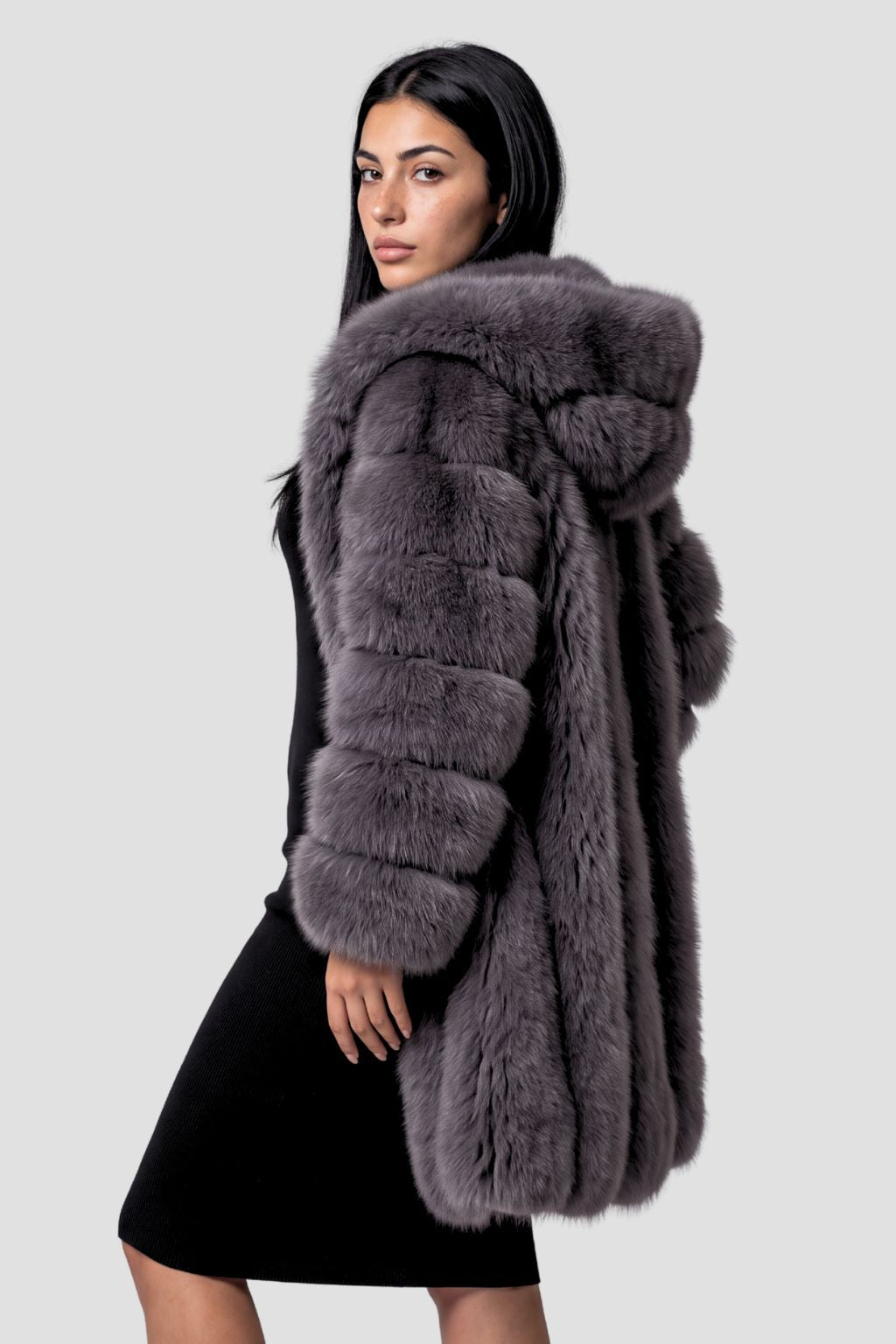 Manteau en fourrure femme gris capuche Héritage fourrure