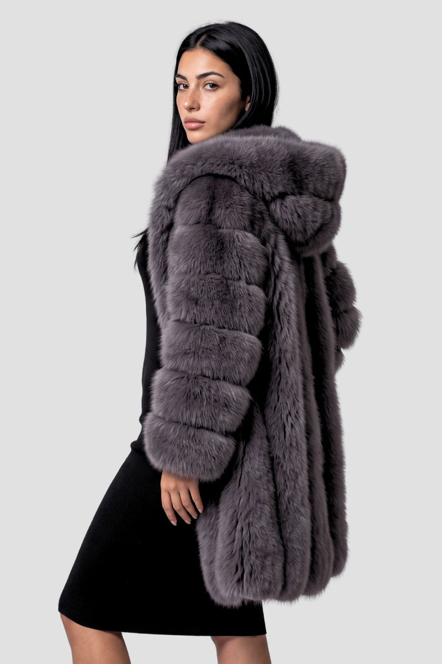Manteau en fourrure femme gris capuche Héritage fourrure