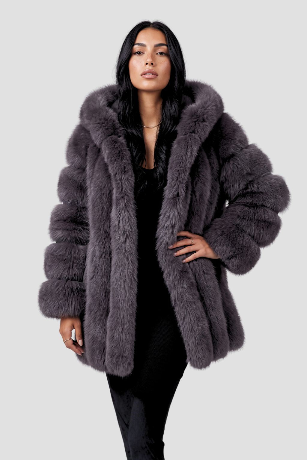 Manteau en fourrure femme gris capuche Héritage fourrure