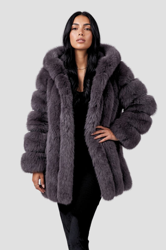 Manteau en fourrure femme gris capuche Héritage fourrure